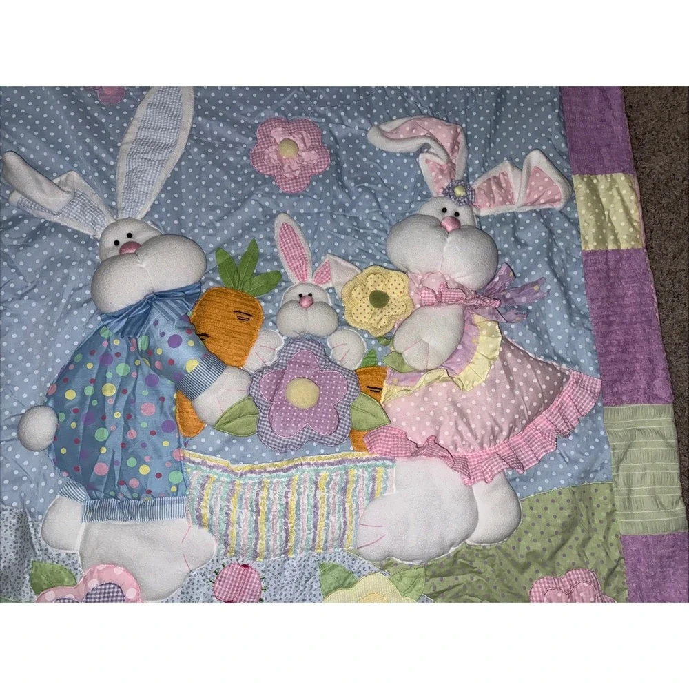 Vintage‎ Baby Bunny Patchwork Quilt 3D Appliqué Pastel Nursery Quilt 58x50